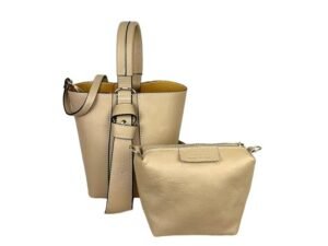 Bolso Tipo Cubo de Piel con Lazo Decorativo y Bolso Interior para Mujer-Taupe Bolso Tipo Cubo de Piel Italiana