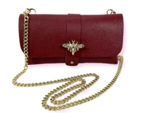 Bolso Piel De Grano Con Asa De Cadena Y Broche De Abeja Para Mujer-Burdeos Bolso Piel De Grano